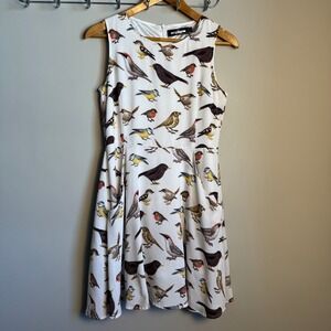 Paper Plane London Bird Print Fit and Flare Sleeveless Dress White S/M Novelty